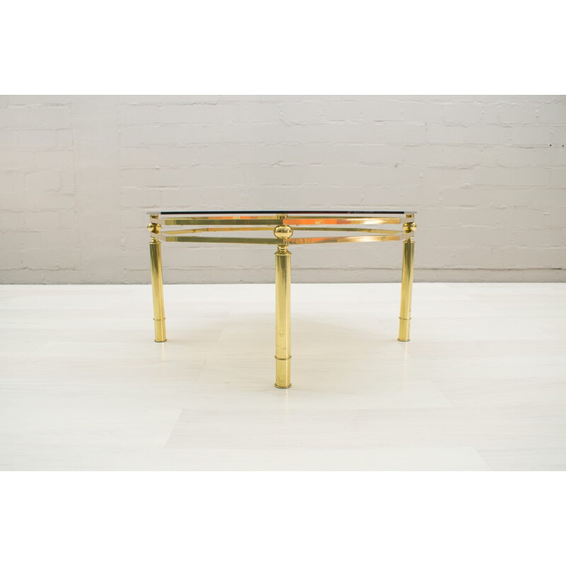 Vintage octagonal coffee table in smoked glass and brass, 1970