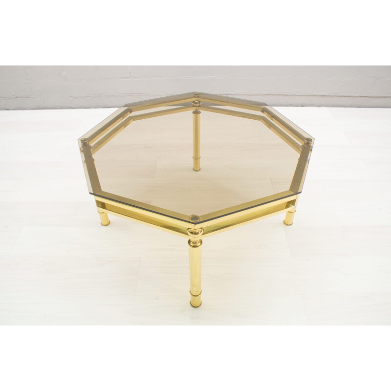 Vintage octagonal coffee table in smoked glass and brass, 1970