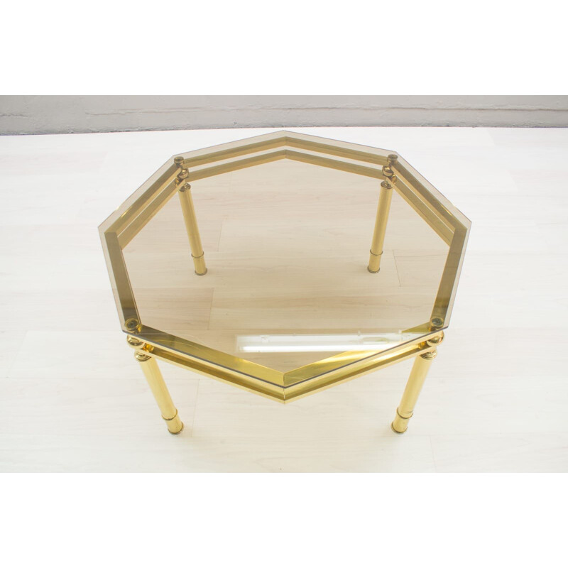 Vintage octagonal coffee table in smoked glass and brass, 1970