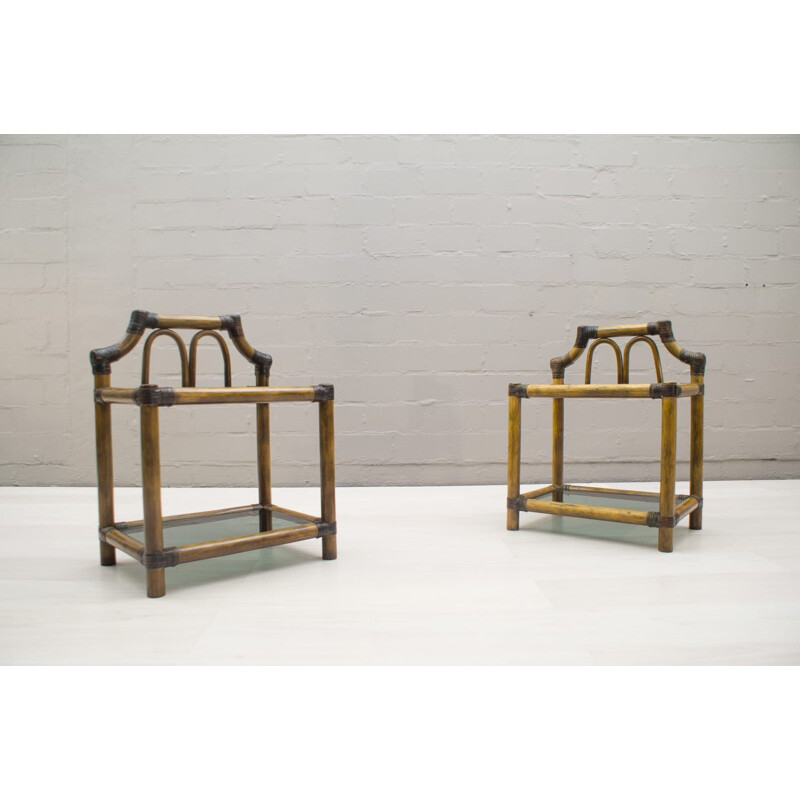 Vintage set of 2 nightstands in rattan and leather with smoked glass