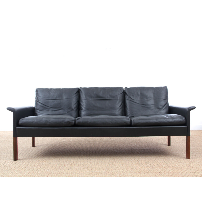 Vintage Scandinavian 3-seater sofa in black leather by Hans Olsen
