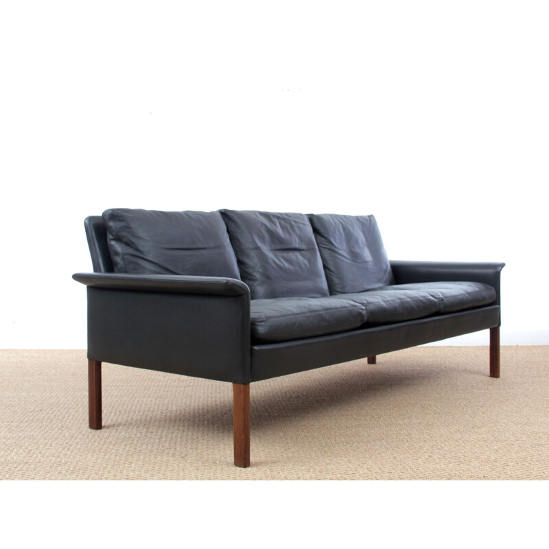 Vintage Scandinavian 3-seater sofa in black leather by Hans Olsen