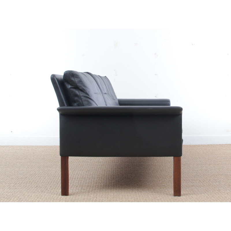 Canapé 3 places vintage scandinave en cuir noir par Hans Olsen
