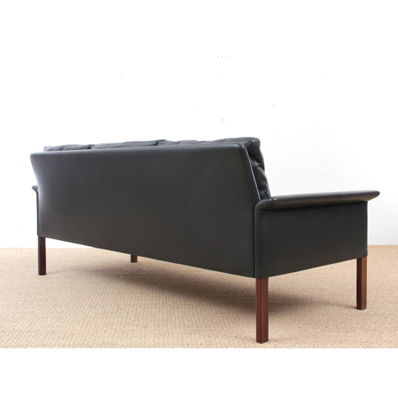 Vintage Scandinavian 3-seater sofa in black leather by Hans Olsen