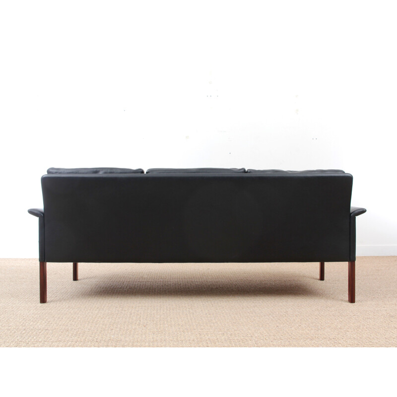 Canapé 3 places vintage scandinave en cuir noir par Hans Olsen