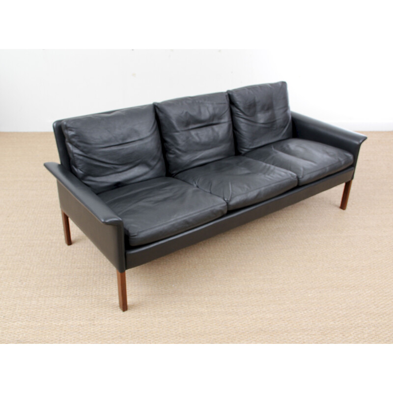 Vintage Scandinavian 3-seater sofa in black leather by Hans Olsen