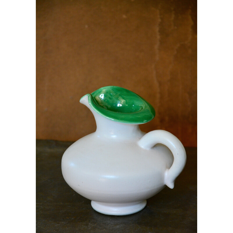 Vintage pitcher in white and green by Pol Chambost