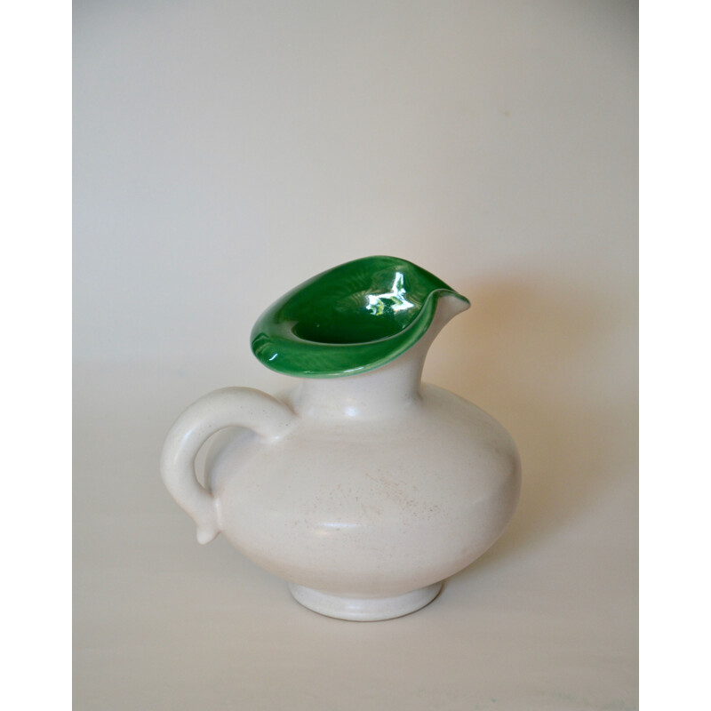 Vintage pitcher in white and green by Pol Chambost