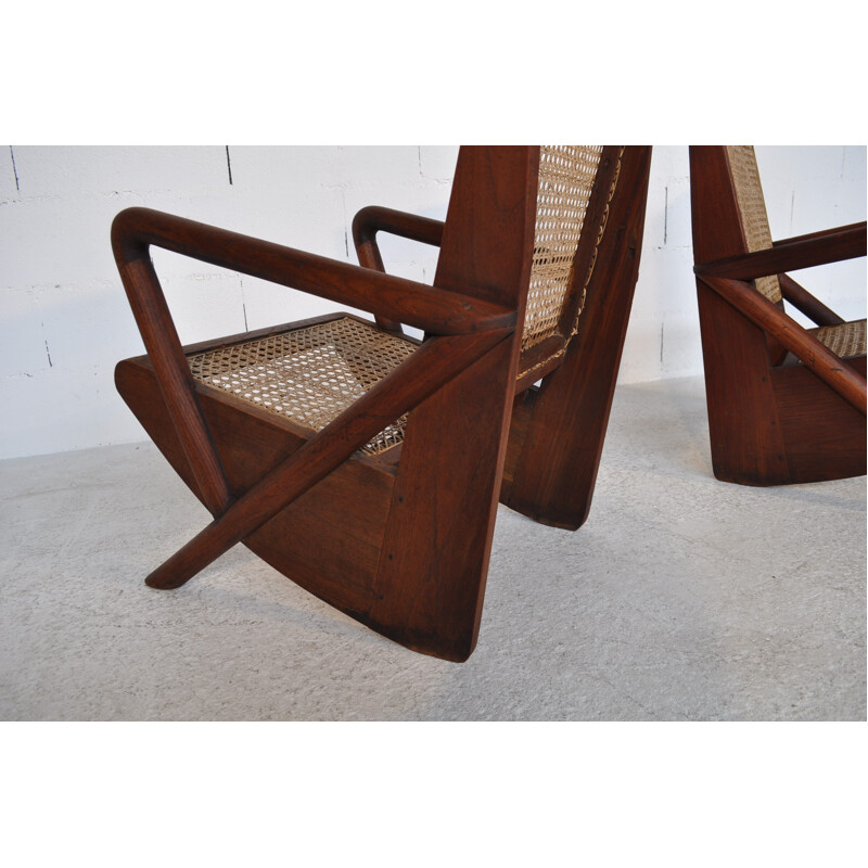 Vintage armchairs in teak and cane - 1950s