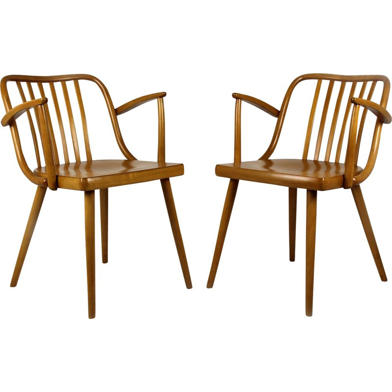 Set of 2 Czech Wooden Armchairs by Antonin Suman for TON