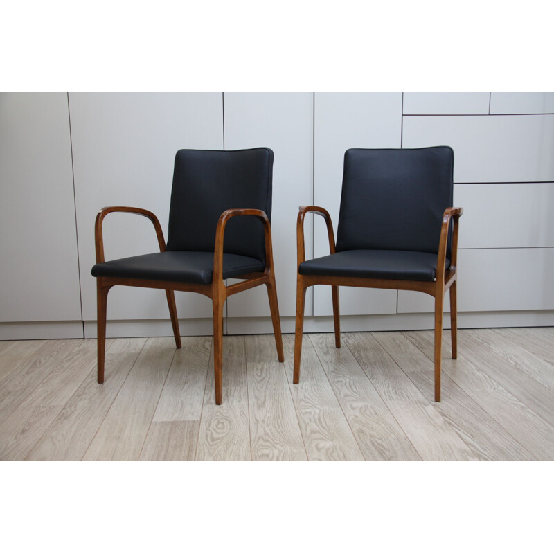 Vintage set of 2 chairs in black leather and wood