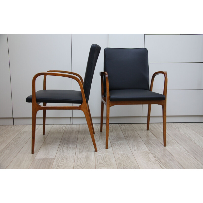 Vintage set of 2 chairs in black leather and wood