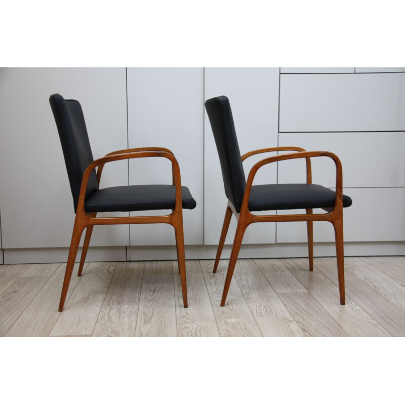 Vintage set of 2 chairs in black leather and wood