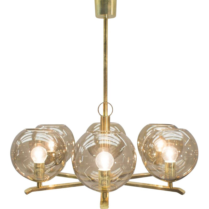 Vintage chandelier in brass and smoked glass