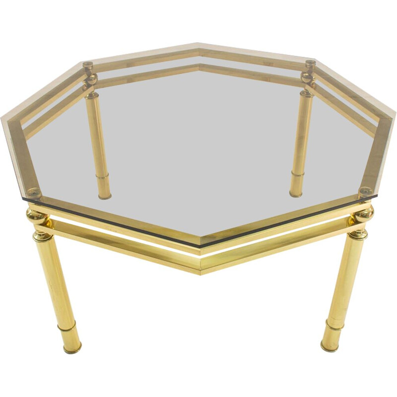 Vintage octagonal coffee table in smoked glass and brass, 1970