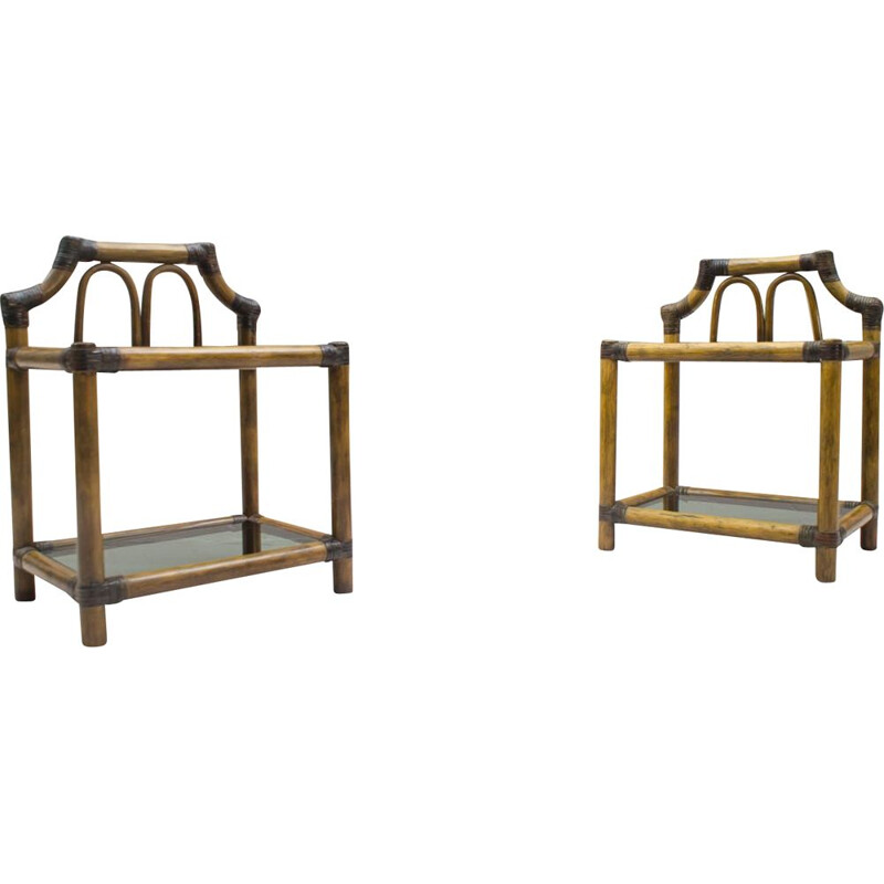 Vintage set of 2 nightstands in rattan and leather with smoked glass