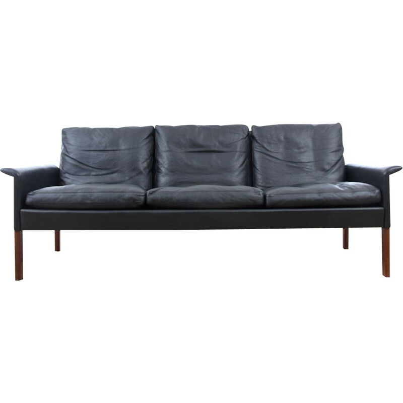 Vintage Scandinavian 3-seater sofa in black leather by Hans Olsen