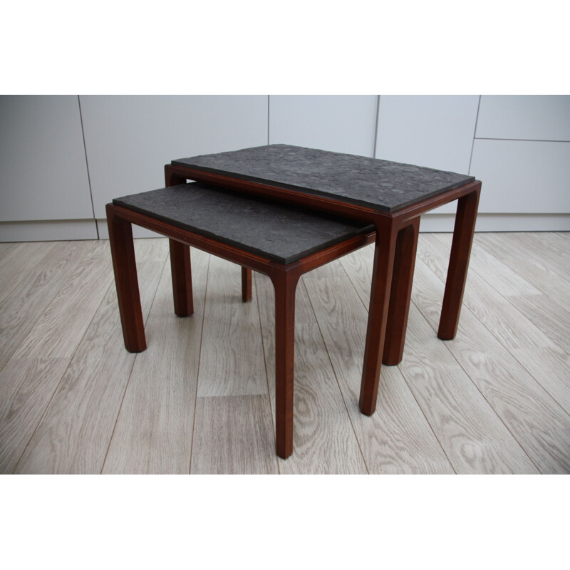 Vintage set of 2 side tables in wood and natural stone 