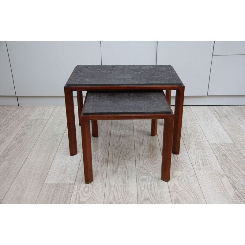 Vintage set of 2 side tables in wood and natural stone 