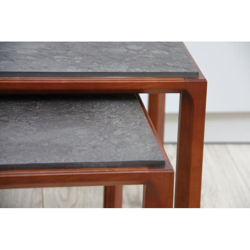 Vintage set of 2 side tables in wood and natural stone 