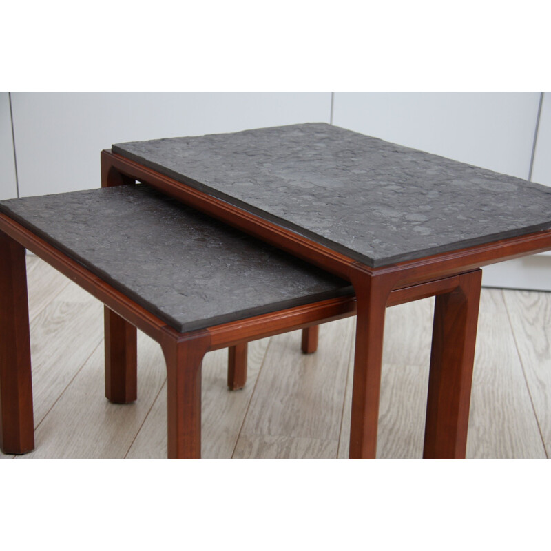 Suite de 2 tables de chevet vintage en bois et pierre naturelle