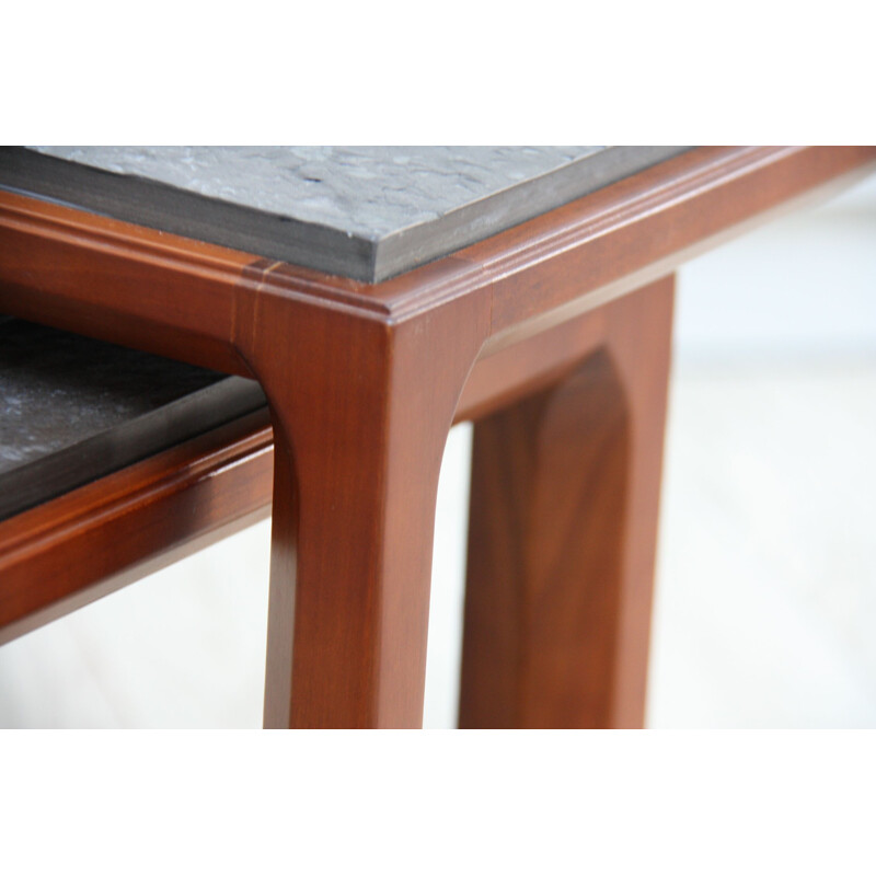 Vintage set of 2 side tables in wood and natural stone 