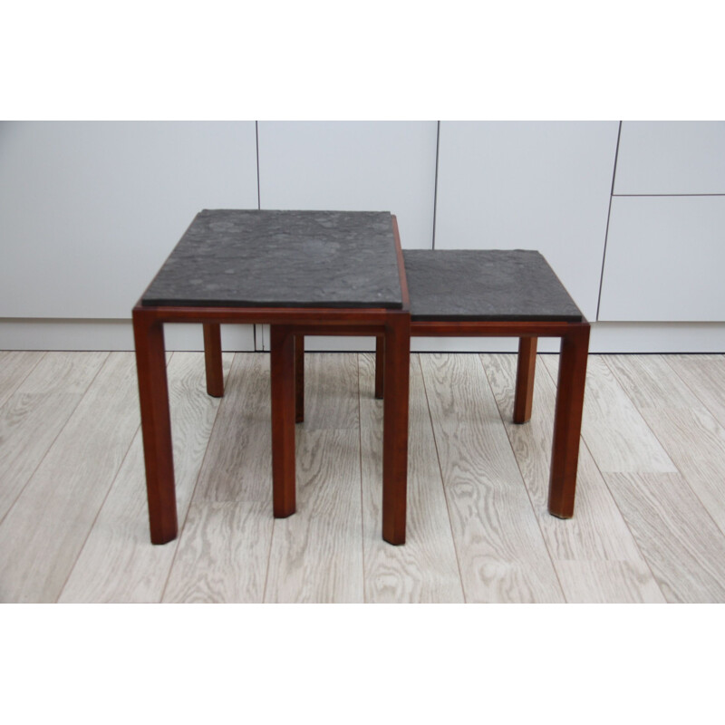 Vintage set of 2 side tables in wood and natural stone 