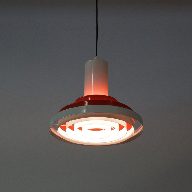 Vintage hanging lamp with red-orange and white circles, Denmark