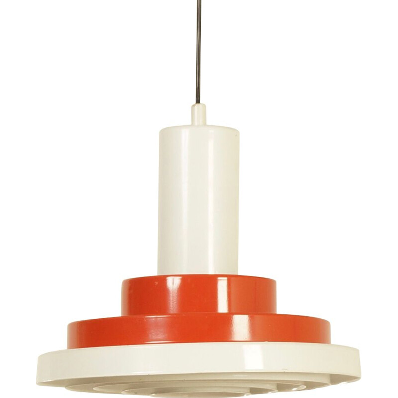 Vintage hanging lamp with red-orange and white circles, Denmark