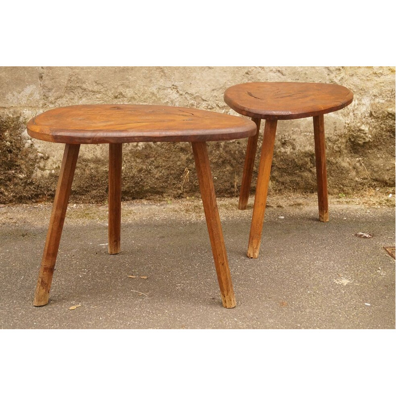 Set of 2 vintage coffee tables in solid oak