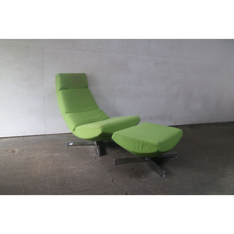 Chaise longue vintage pivotante couleur vert et repose-pieds