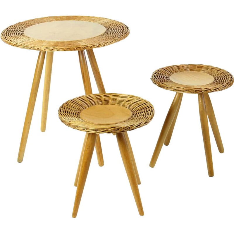 Vintage wicker coffee table with 2 stools for ÚĽUV
