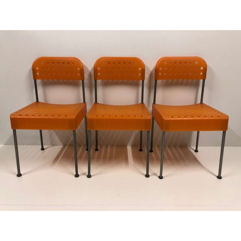 Set of 3 vintage orange box Chairs by Enzo Mari for Aleph