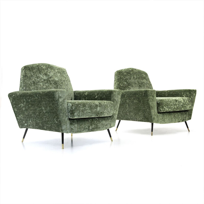 Set of 2 vintage Italian armchairs in green velvet 