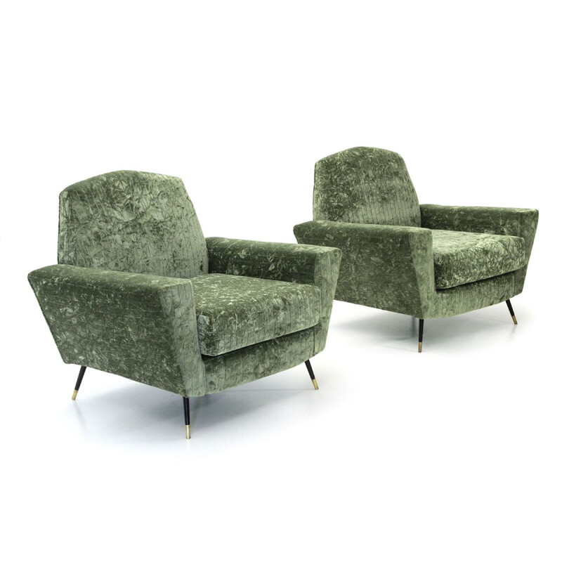 Set of 2 vintage Italian armchairs in green velvet 