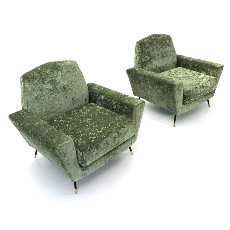 Set of 2 vintage Italian armchairs in green velvet 