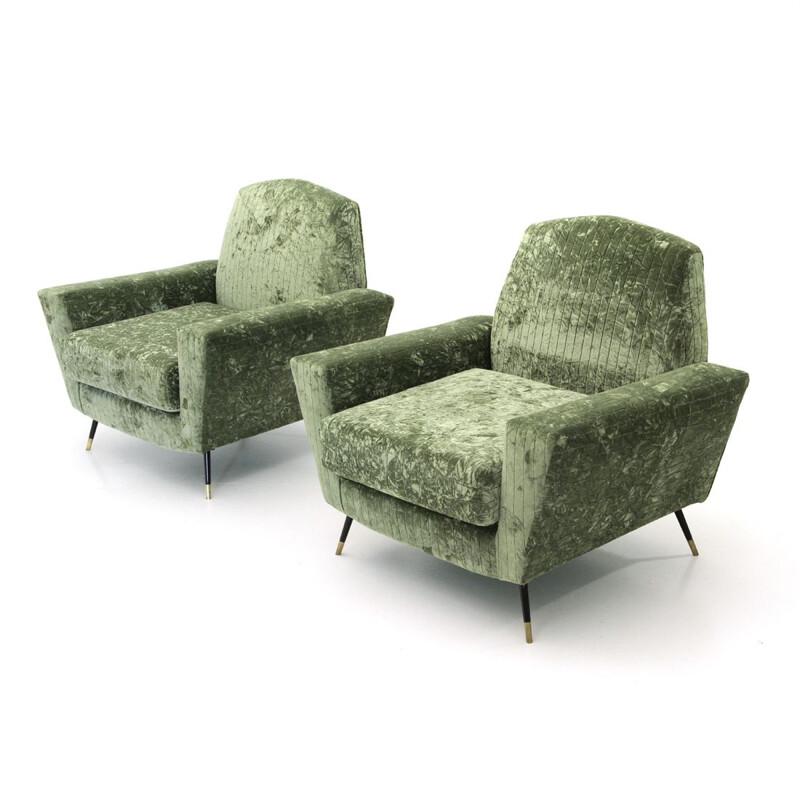 Suite de 2 fauteuils italiens vintage en velours vert 