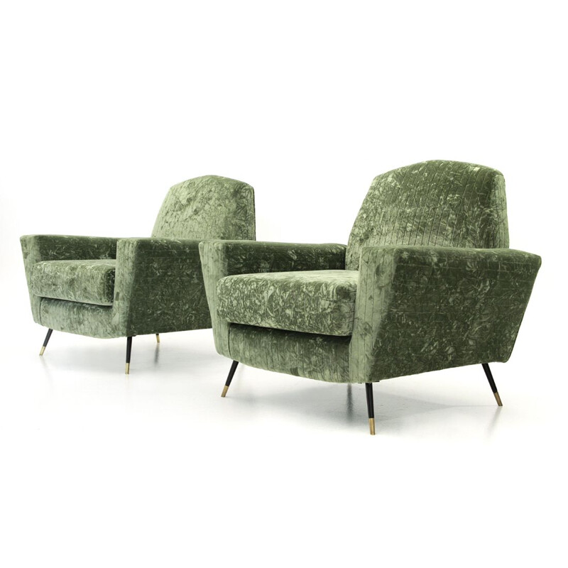 Set of 2 vintage Italian armchairs in green velvet 