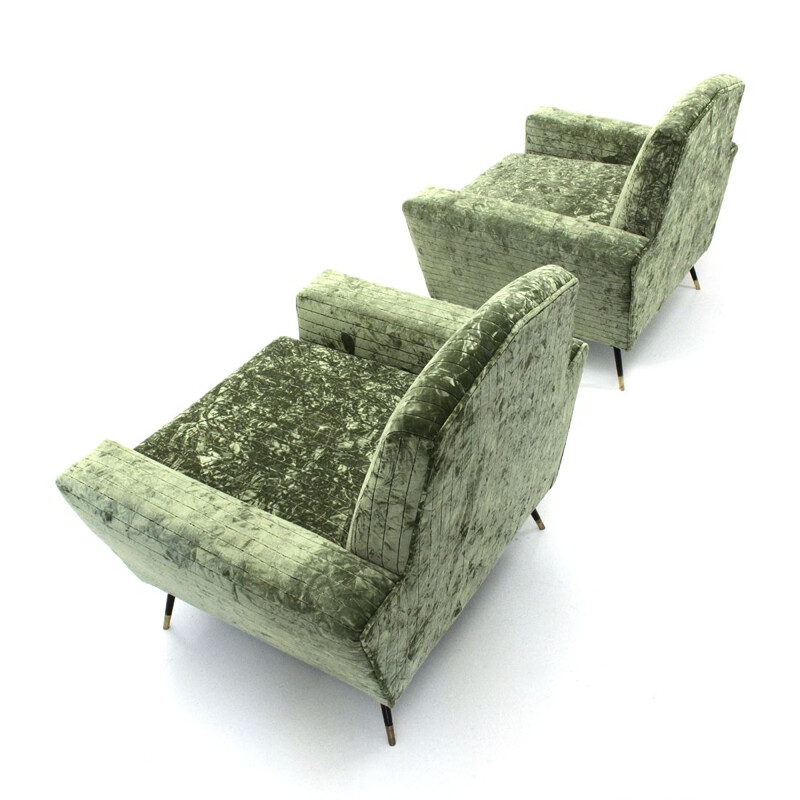 Set of 2 vintage Italian armchairs in green velvet 