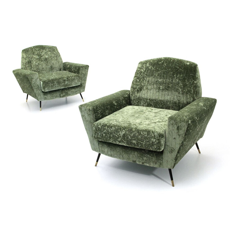 Set of 2 vintage Italian armchairs in green velvet 