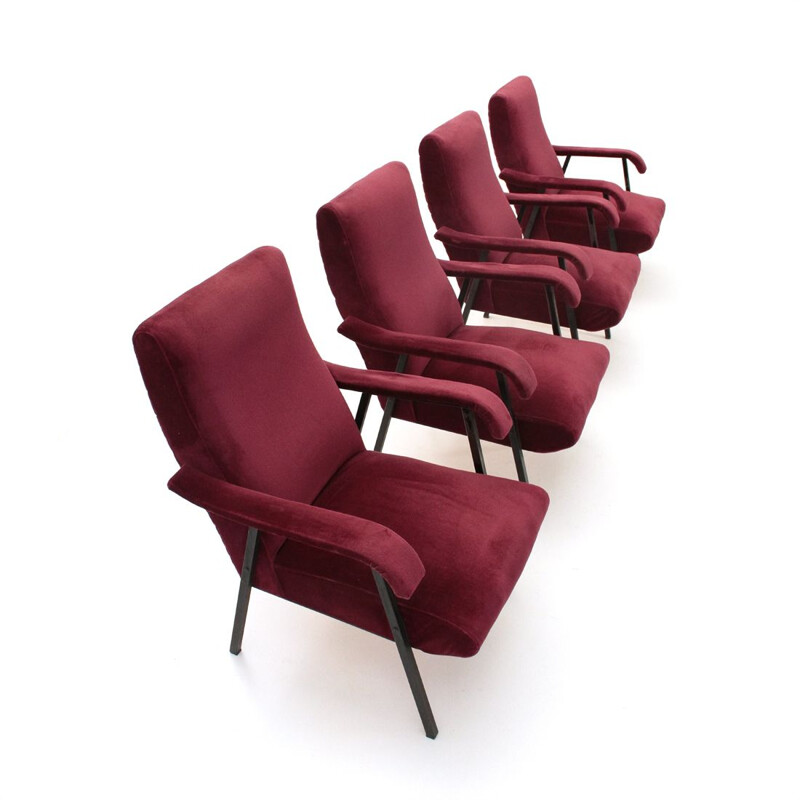 Set of 4 vintage Italian armchairs in red velvet