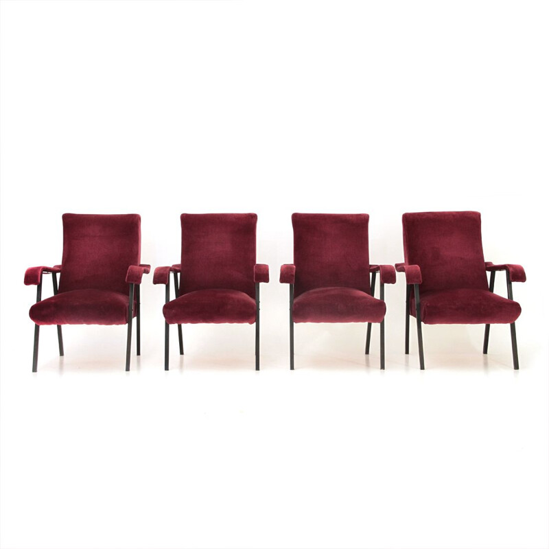 Set of 4 vintage Italian armchairs in red velvet