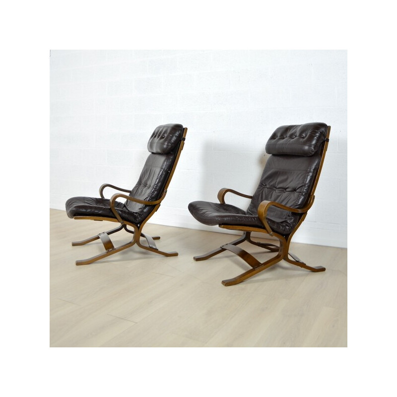 Pair of Siesta armchairs in brown leather and wood, Ingmar RELLING - 1960s