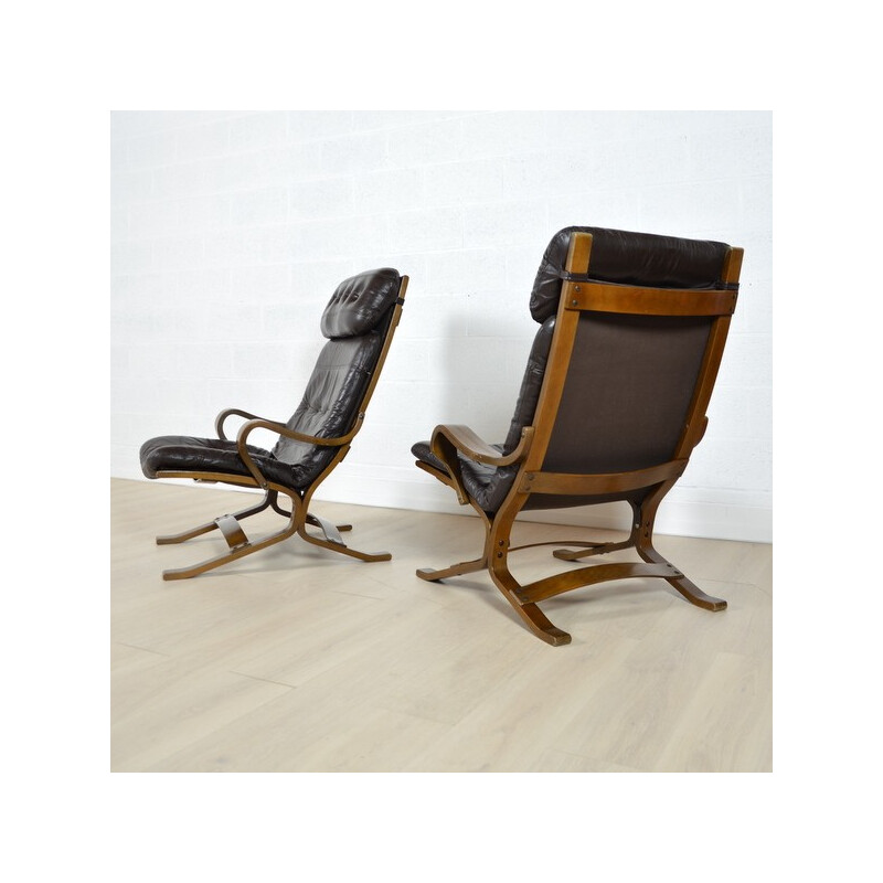 Pair of Siesta armchairs in brown leather and wood, Ingmar RELLING - 1960s