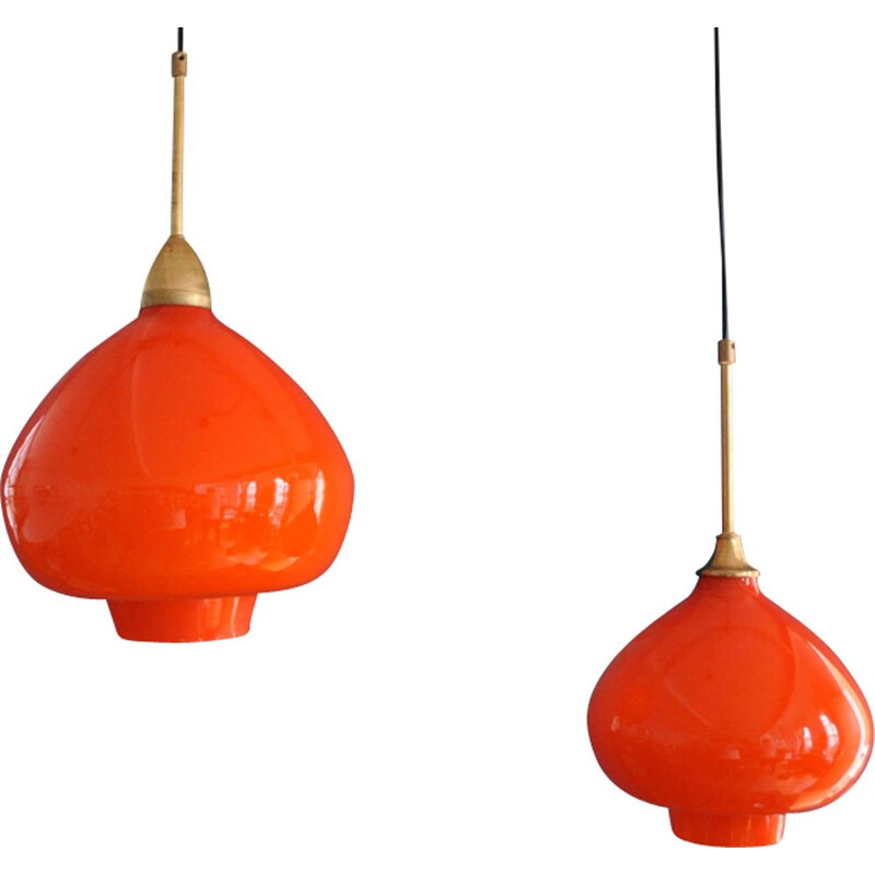 Set of 2 vintage pendant lamps in opaline and brass by Hans-Agne Jakobsson