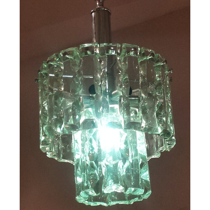 Vintage hanging lamp in glass and chromed metal, edition Fontana Arte - 1960s