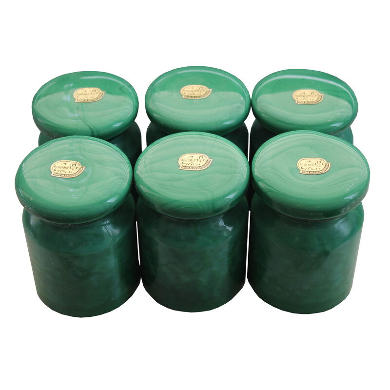 Set of six Malachite Glass Containers