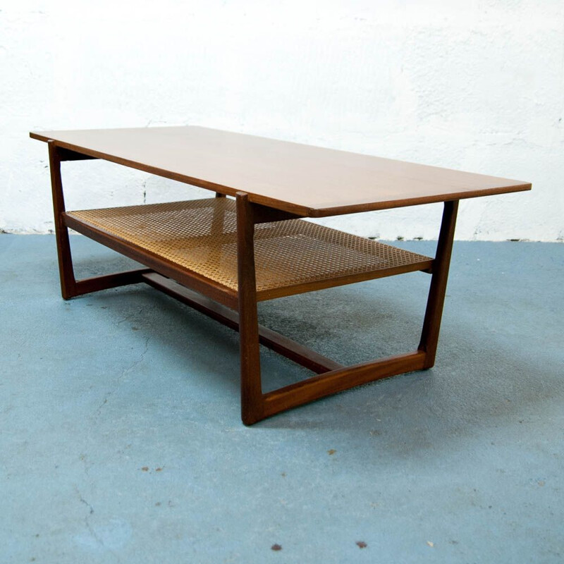 Vintage coffee table table in teak and caning