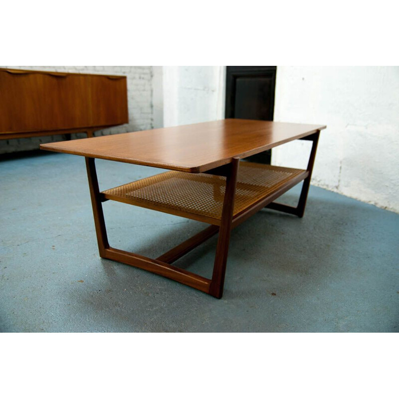 Vintage coffee table table in teak and caning