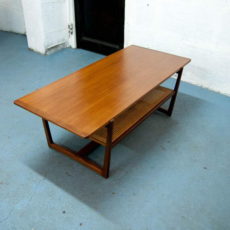 Vintage coffee table table in teak and caning